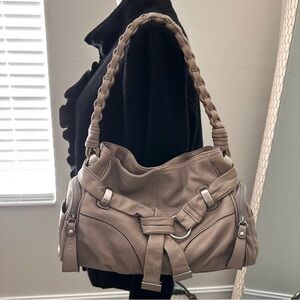 B. Makowsky Leather Hobo Bag With Belt And Braided Strap Taupe Color